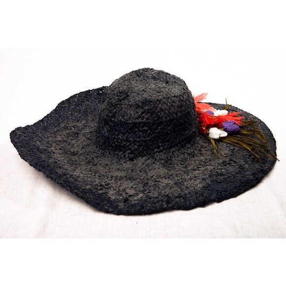 Vtg 1950\'s Women\'s Hand Woven Straw Hat Navy Blue With Hand Sewn Multi Colored